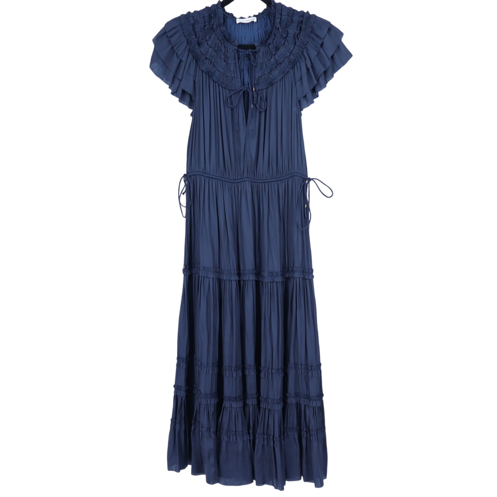 Ulla Johnson Midnight Navy Isadora Dress Pleated Satin Midi Ruffled Women's 2
